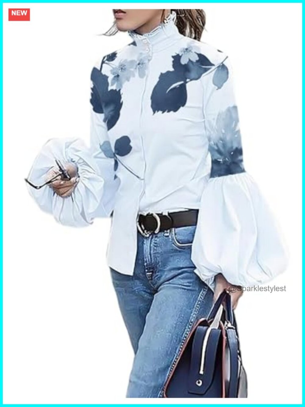 Cotton Puff Long Sleeve Button Down Shirt Ruffle Collar Floral Blouse